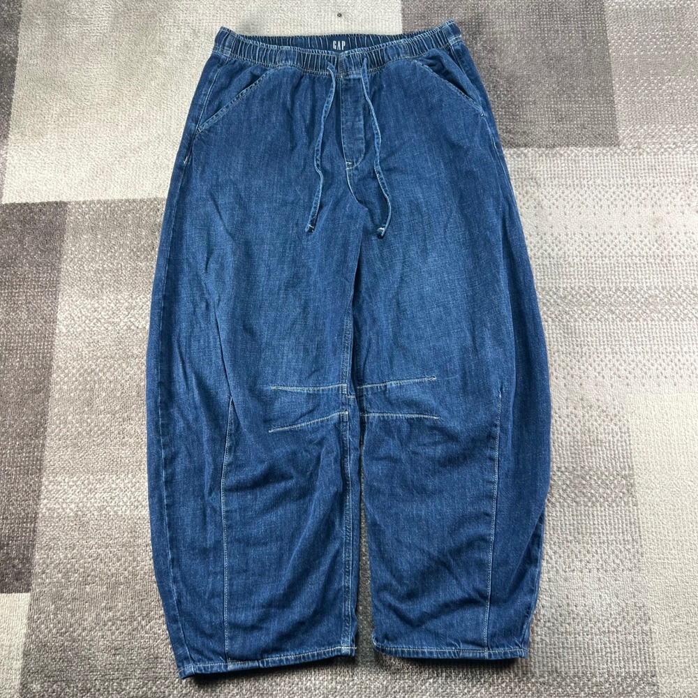 Gap Women Blue Denim Barrel Leg Jeans Elastic Waist Tall L Dark Wash